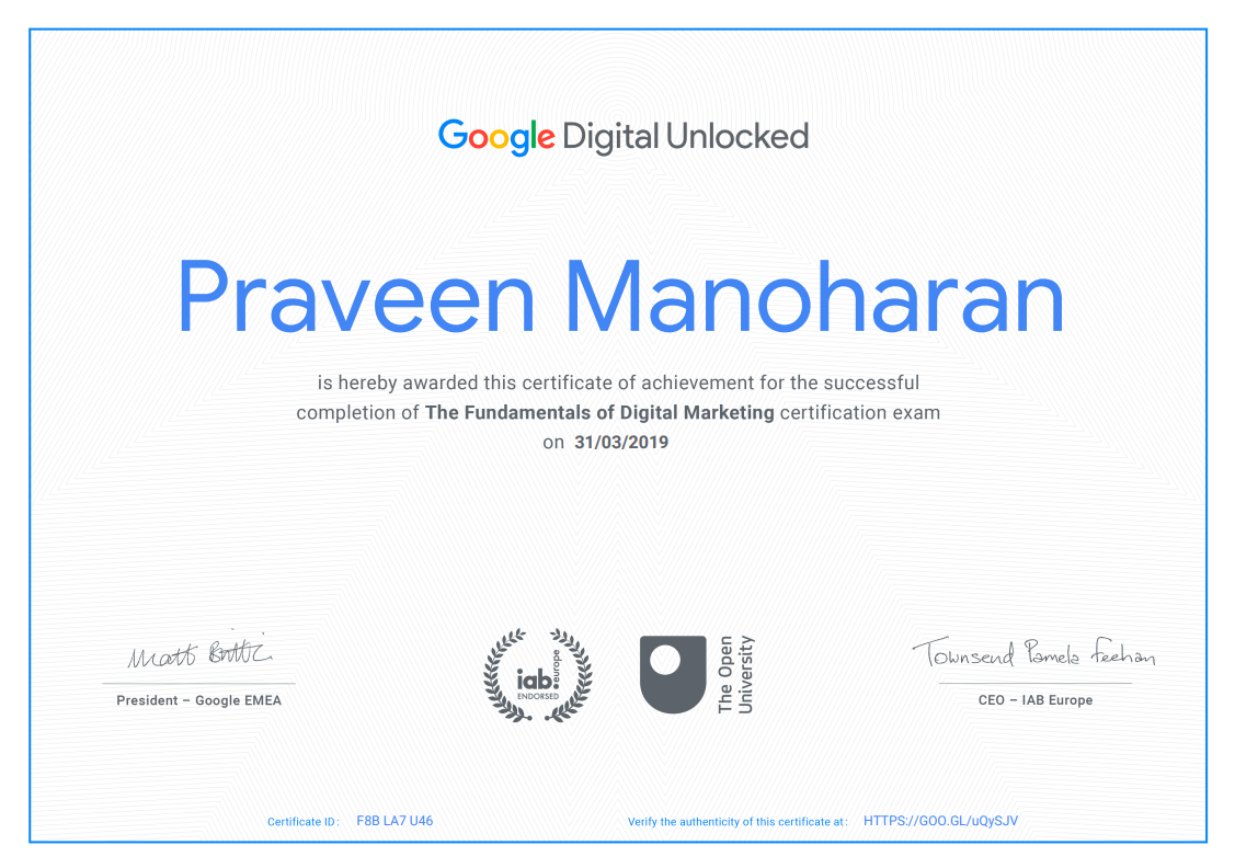 digital marketing certificate from google-praveenmanoharan